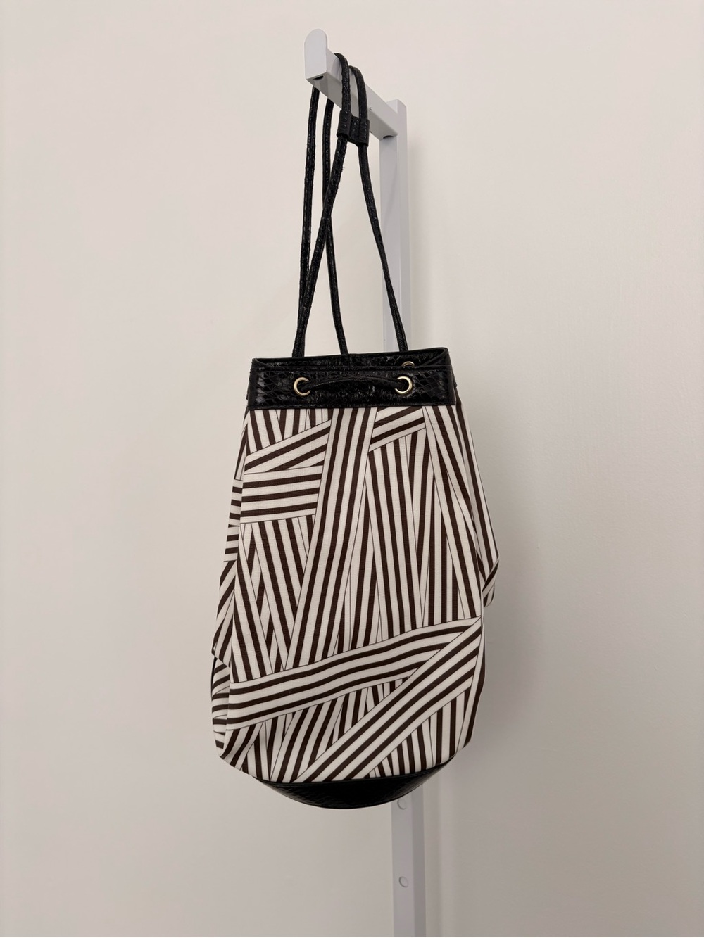 henri bendel Black and White Striped Drawstring Shoulder Bag